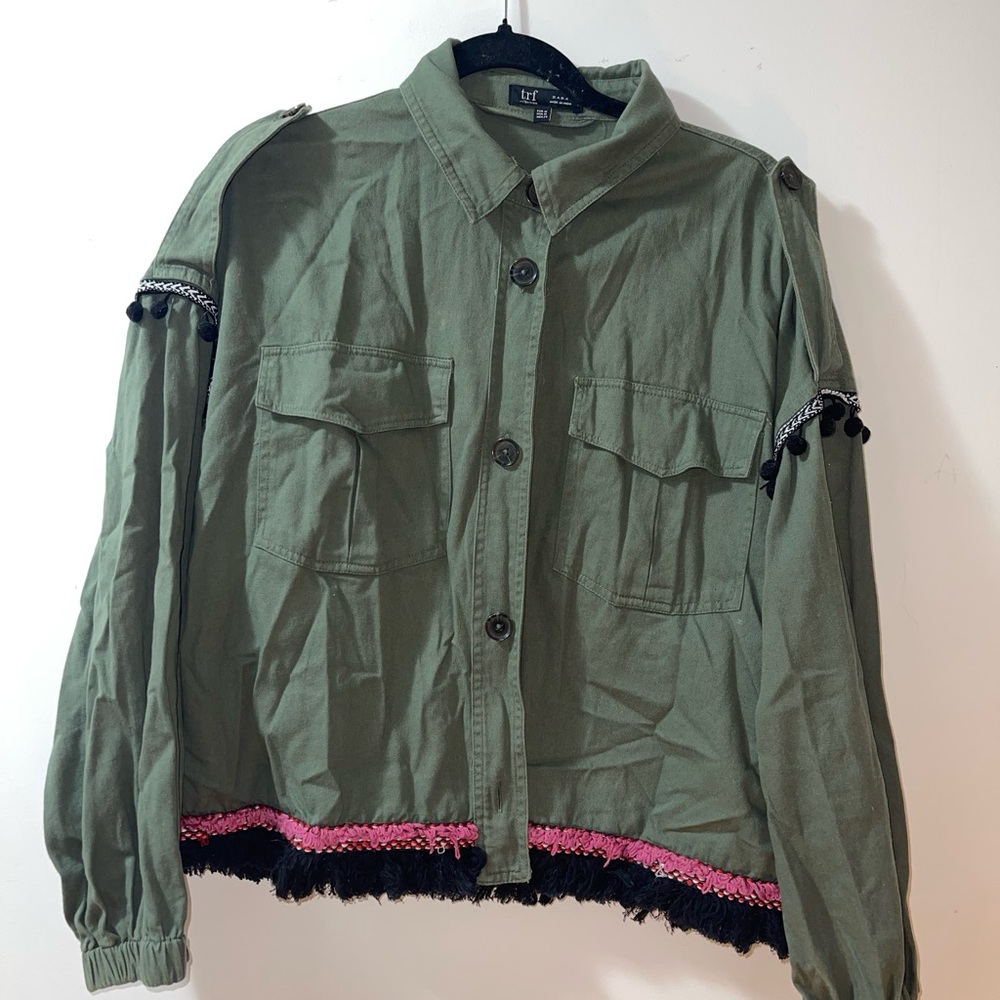 Zara Olive Utility Jacket with Pink Accents
